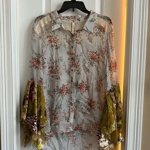 Floral Sheer Button-Front Blouse in Cream with Olive Bell Sleeves